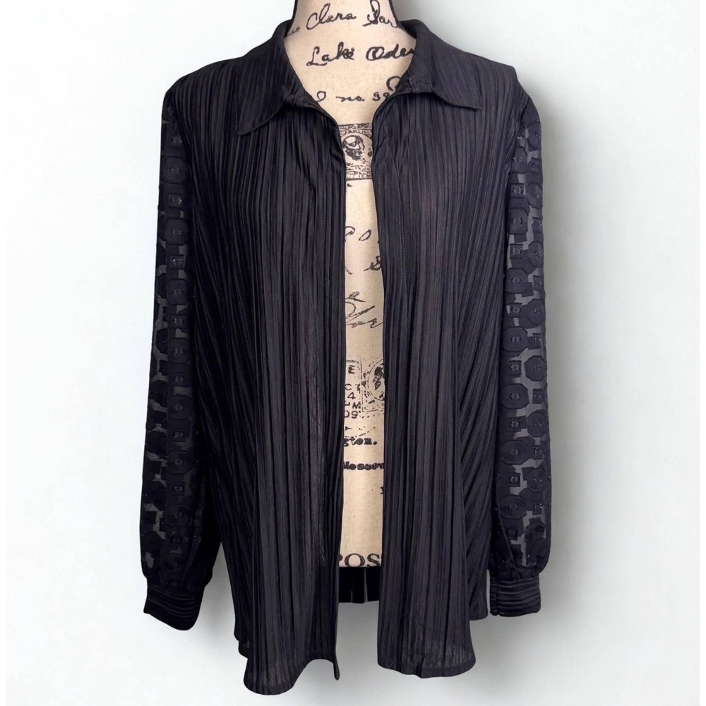 Rio & Rian Pleated Shirt Black Button Down Sheer Burnout Geometric Sleeves Sz XL